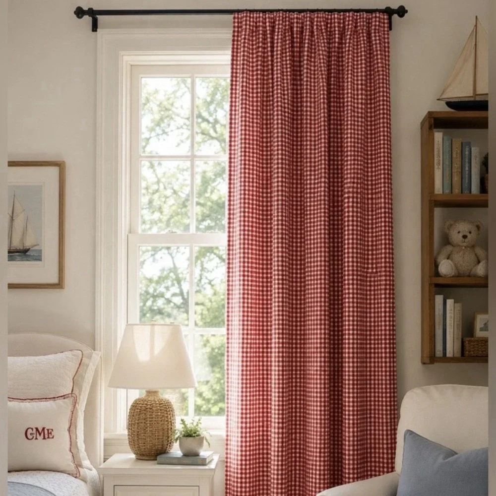 Pottery Barn Kids Red Gingham Curtain Panel 44x84 100% Cotton Vintage Check PBK